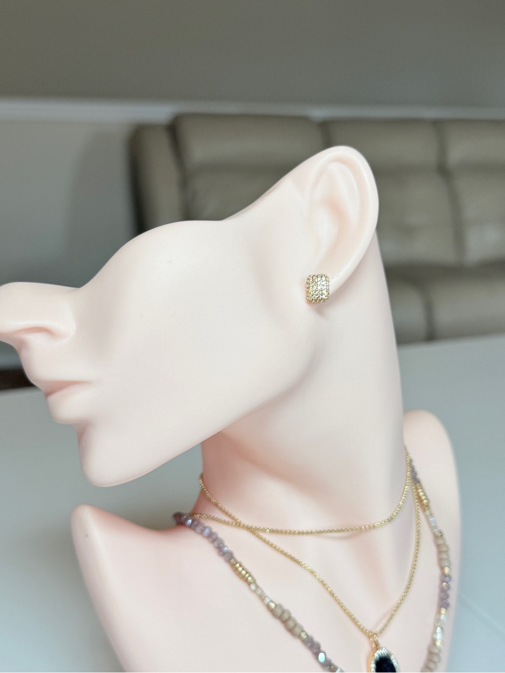 Gold Pave Square Stud Earrings - Picture 3 of 11